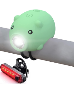 Söpö possu-pyörävalosetti torvella ja takavalolla, USB-C-ladattava